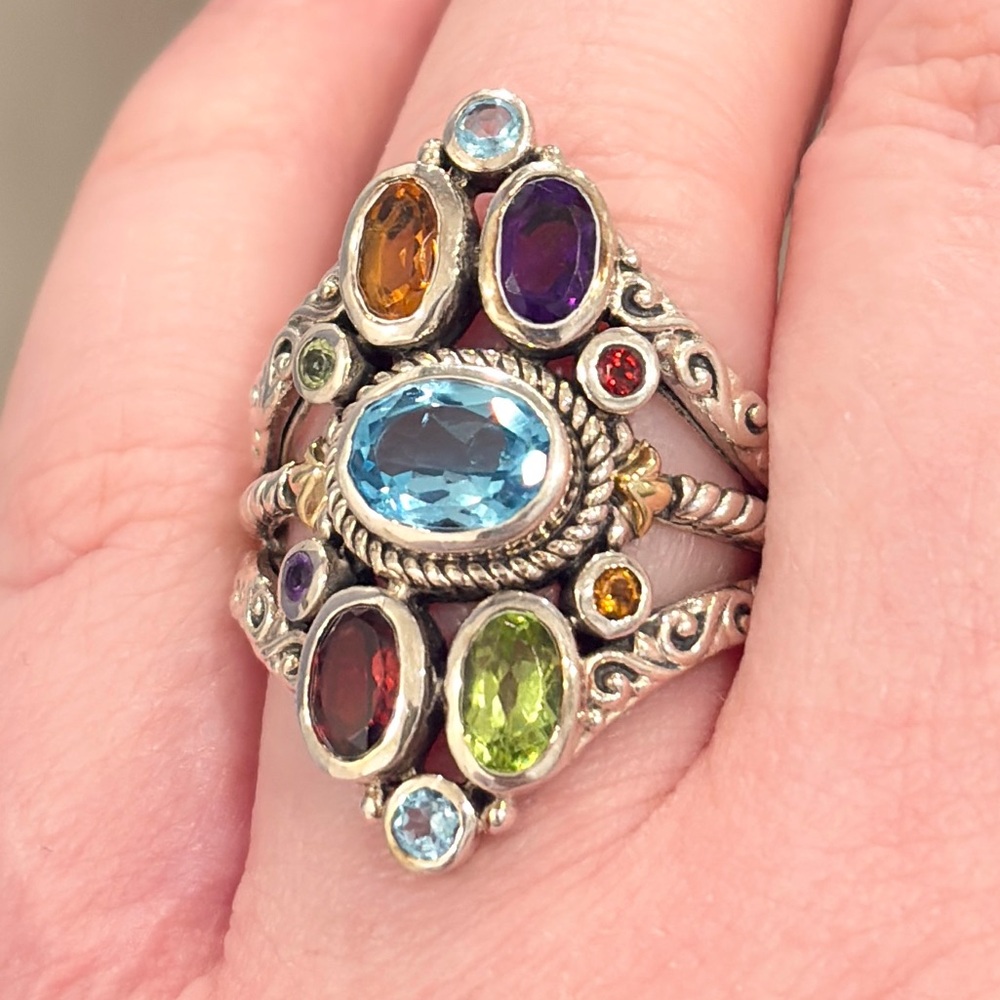 Sterling 18K Large Gemstone Ring, Bali Style Filigree Size 8.5 Rainbow Multigem